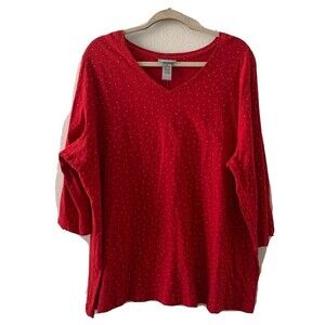 Catherines Womens Plus Size 1X 18/20W Red Gold Studded V Neck Blouse